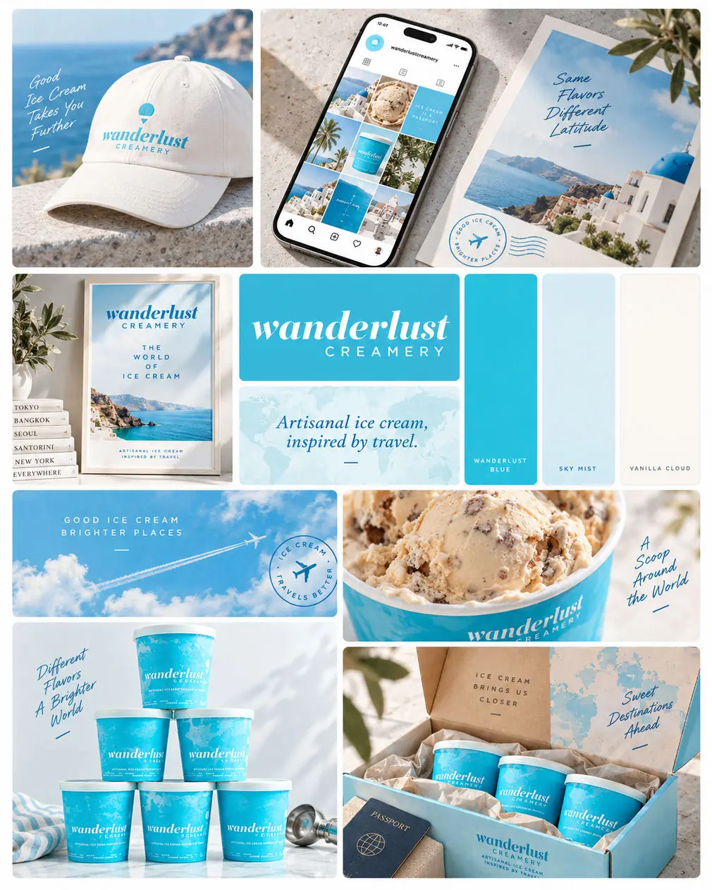 Wanderlust Creamery travel-inspired ice cream campaign board