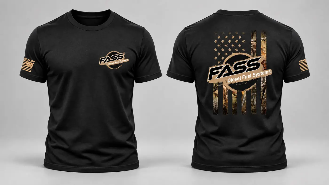 FASS shirt with a gold distressed-flag graphic, front and back