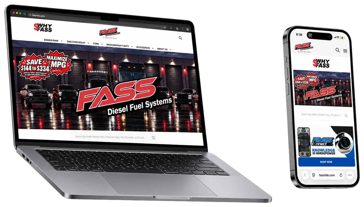 FASS Diesel Fuel Systems website on a laptop and phone