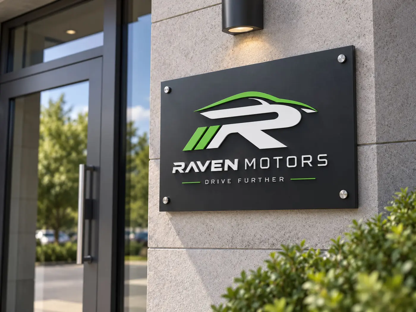 Raven Motors sign mounted on a dealership wall