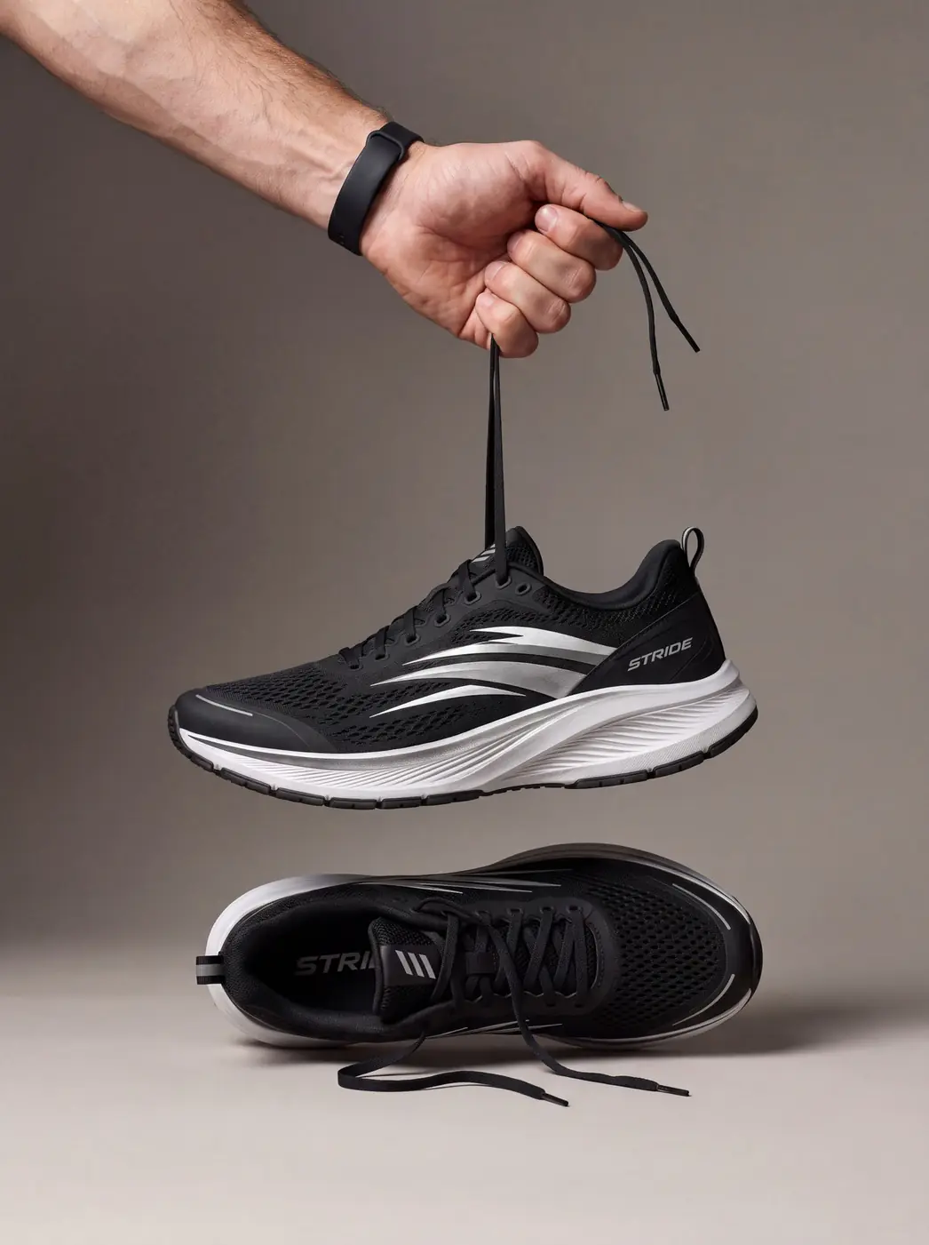 AI-directed STRIDE image of a running shoe held by its laces
