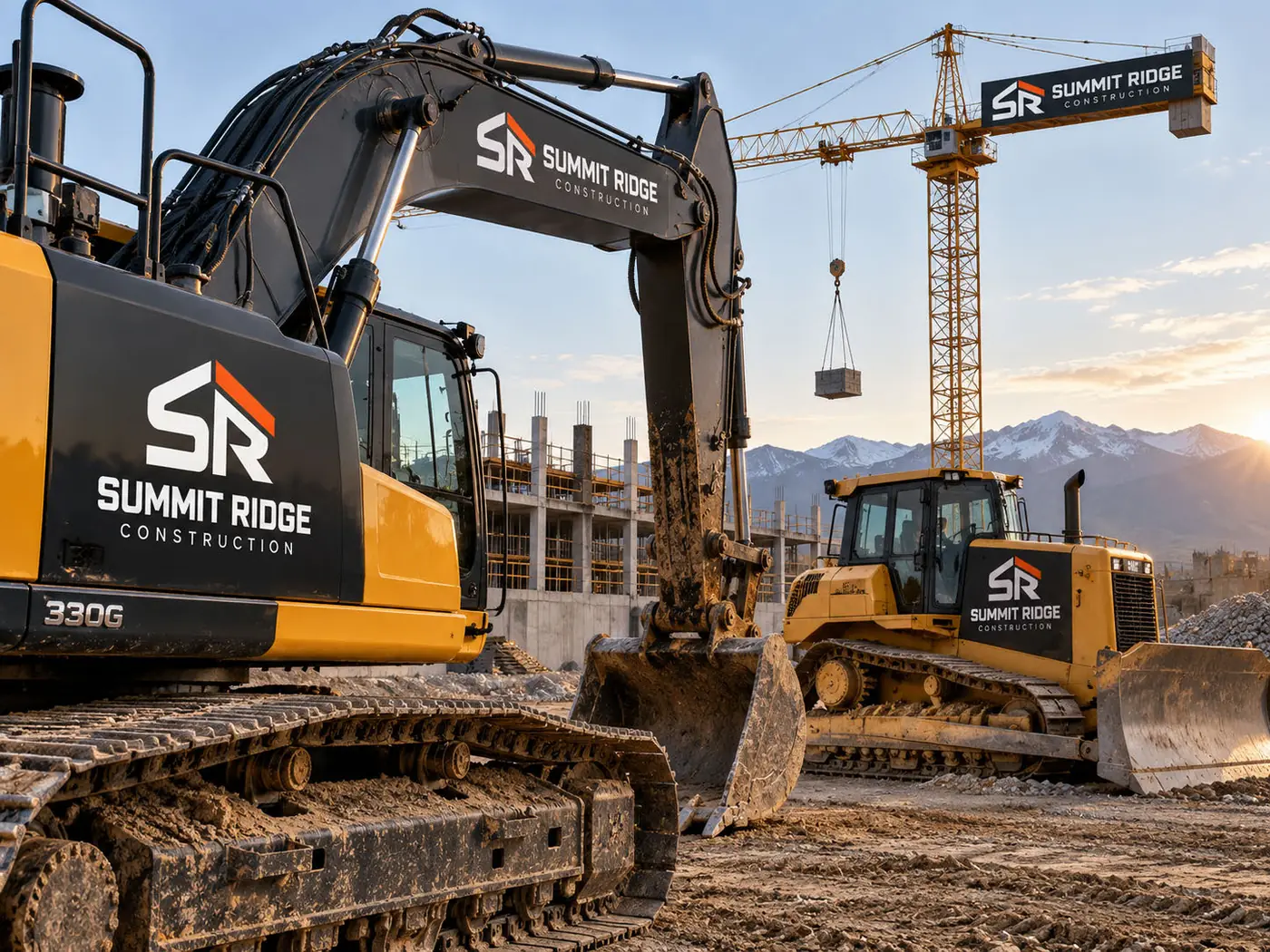Summit Ridge Construction logo on an excavator at a job site